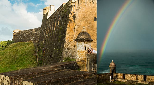 Engagement session at St. Cristobal Castle with a rainbow in Old San Juan, Puerto Rico