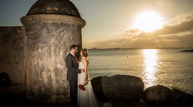 Engagement session during sunset at Old San Juan Gate, Puerto Rico