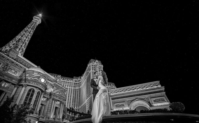 Wedding couple at the Paris Hotel in Las Vegas Strip in Black & White Picture