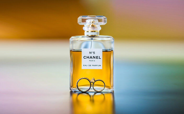 Wedding Rings Chanel perfume, colorful background