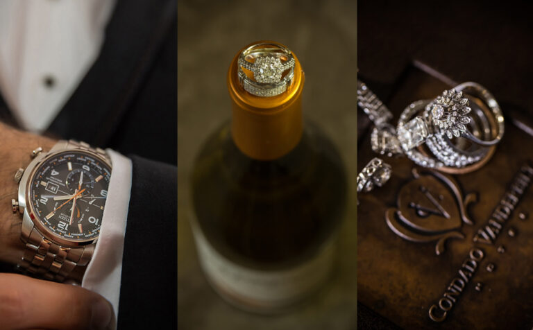 Wedding details, clock, rings, champagne