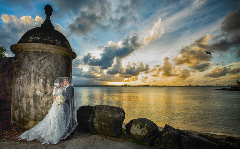 Newlyweds at San Juan Gate during sunset, Old San Juan Puerto Rico