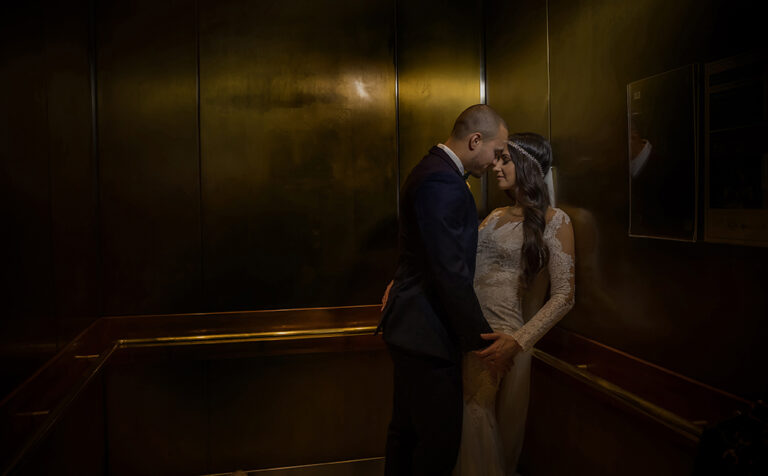 Newlyweds in an elevator at Museo de Arte de Puerto Rico