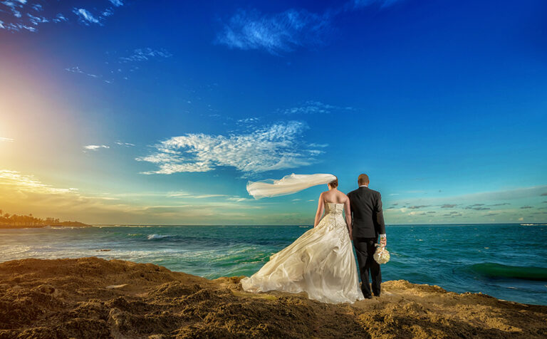 Wedding couple with an ocean view at Wyndham Condado Plaza Hotel San Juan Puerto Rico
