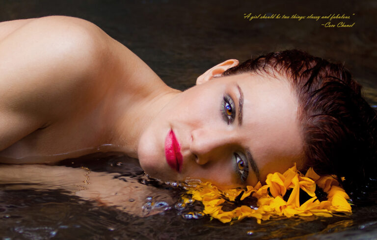 Semi nude in a river with sunflower