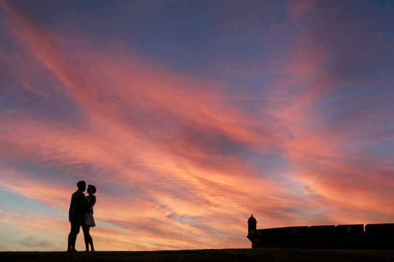 Engagement session during sunset at El Morro Castle in Old San Juan, Puerto Rico